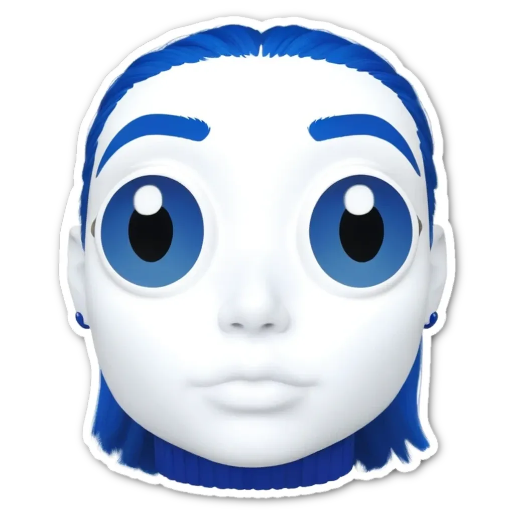 A blue and white face mask sticker of an emojis face.