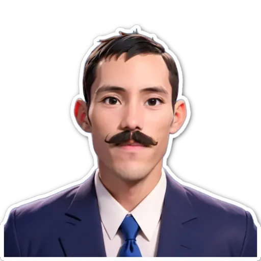 A sticker of a man with a blue suit and blue tie.