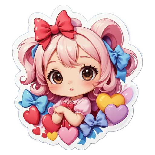 A girl with a bow in her hair and hearts around her head.
