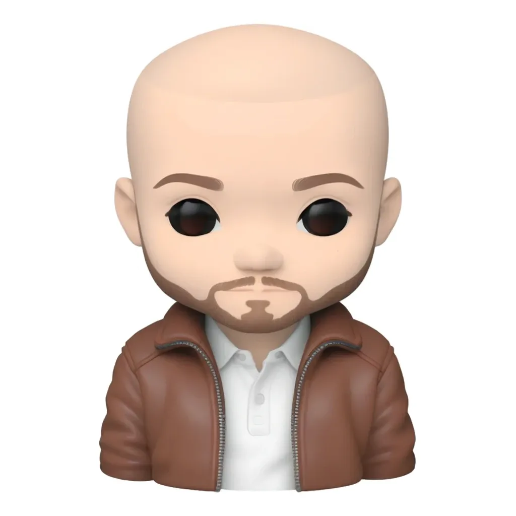 A sticker of a man with a beard and brown jacket.