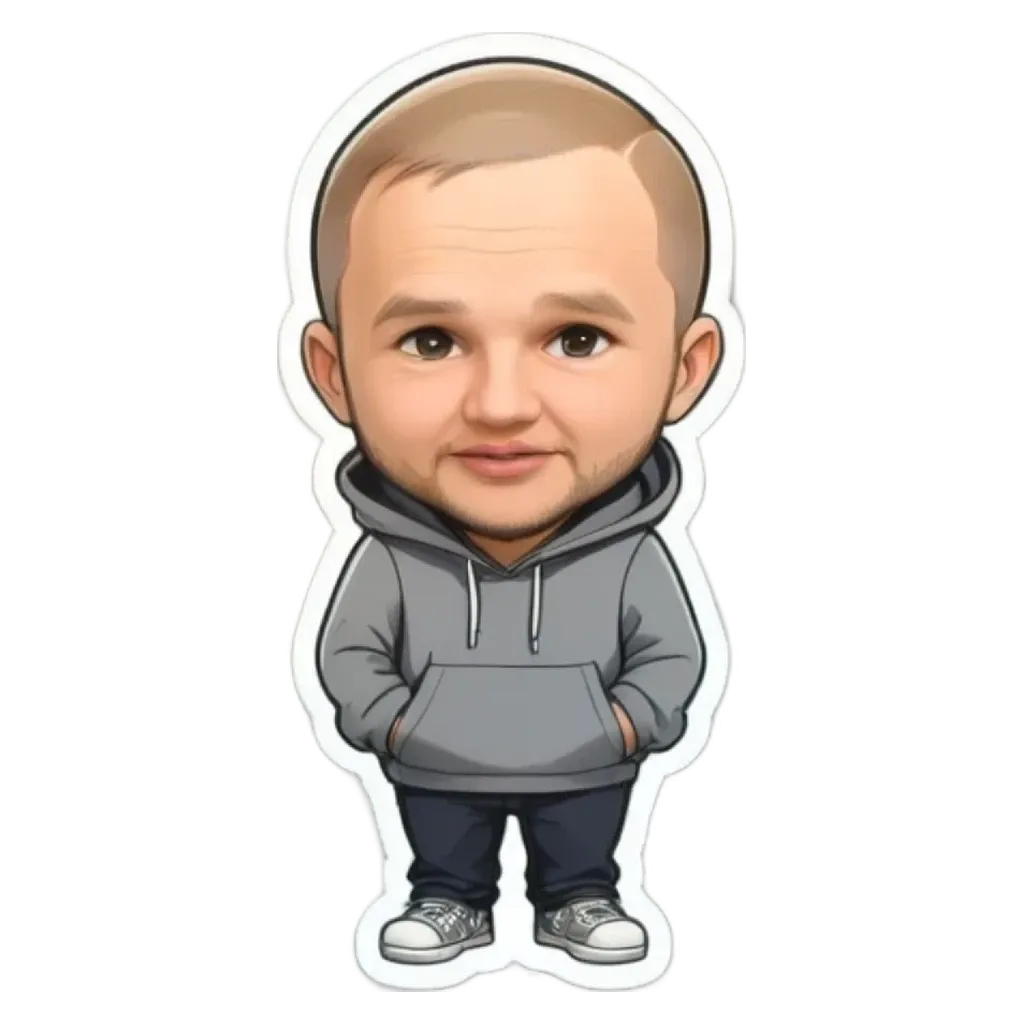 A cartoon picture of a man wearing a grey sweatshirt and blue jeans with his hands in his pockets.