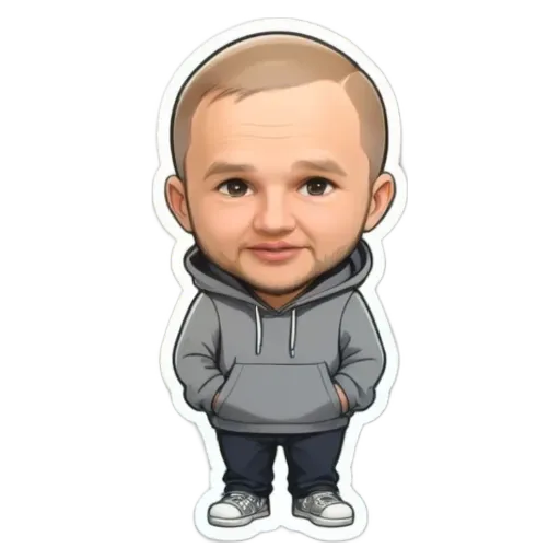 A cartoon picture of a man wearing a grey sweatshirt and blue jeans with his hands in his pockets.