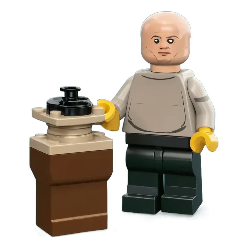 A lego person holding a container.