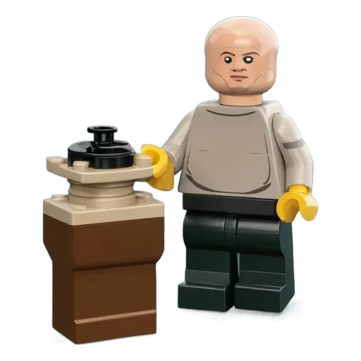 A lego person holding a container.