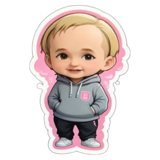 A cartoon drawing of a boy with a pink and gray jacket.