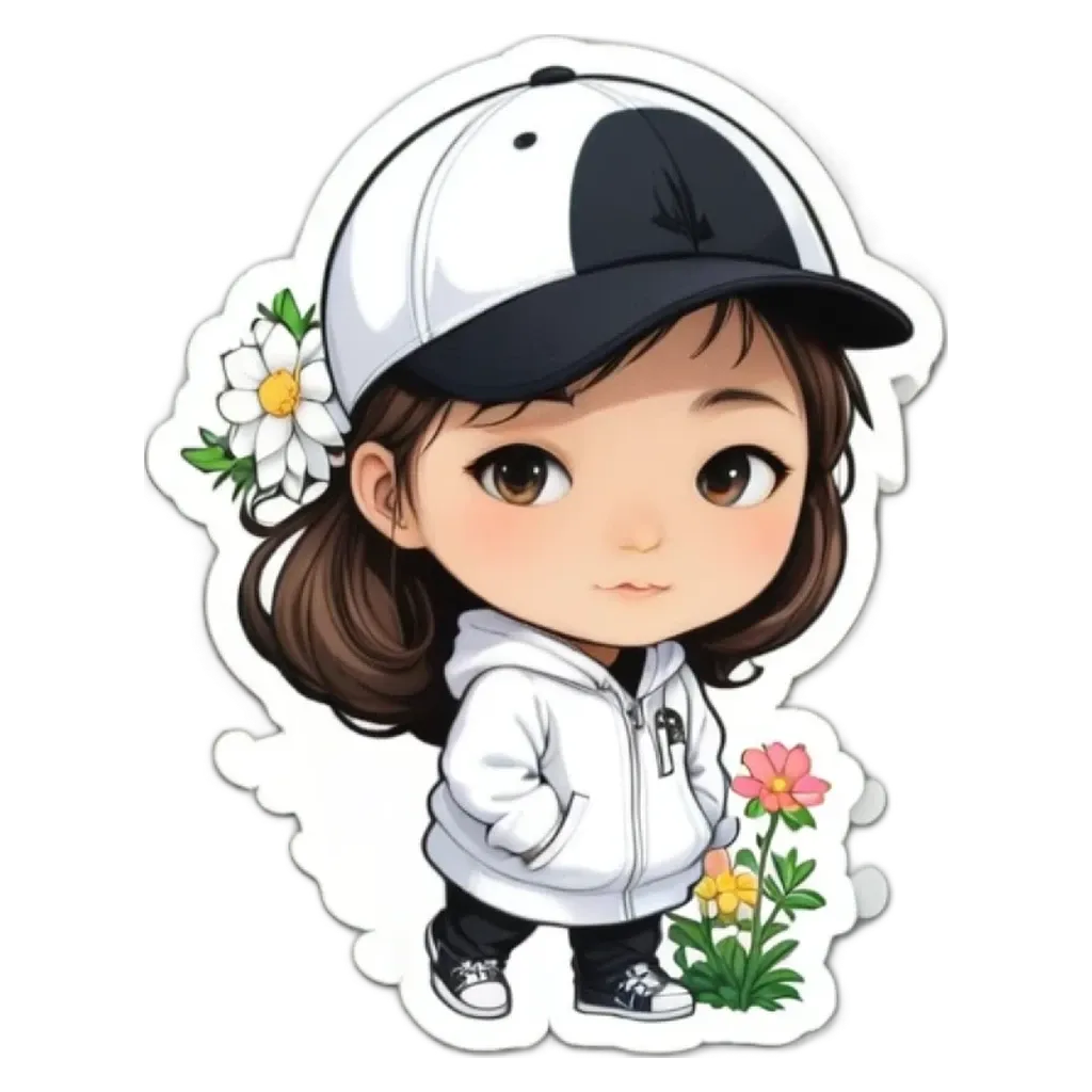 A girl wearing a white jacket and black hat with flowers in her hair.