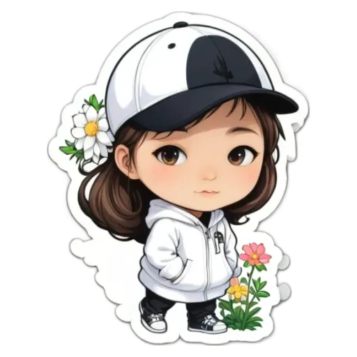A girl wearing a white jacket and black hat with flowers in her hair.