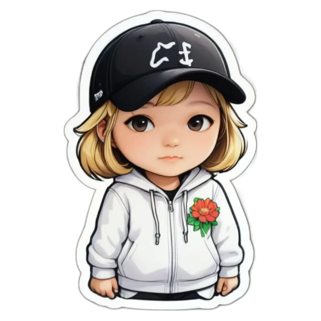 A girl wearing a cap and a white jacket with flowers on it.
