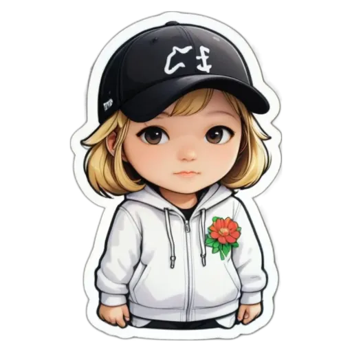 A girl wearing a cap and a white jacket with flowers on it.