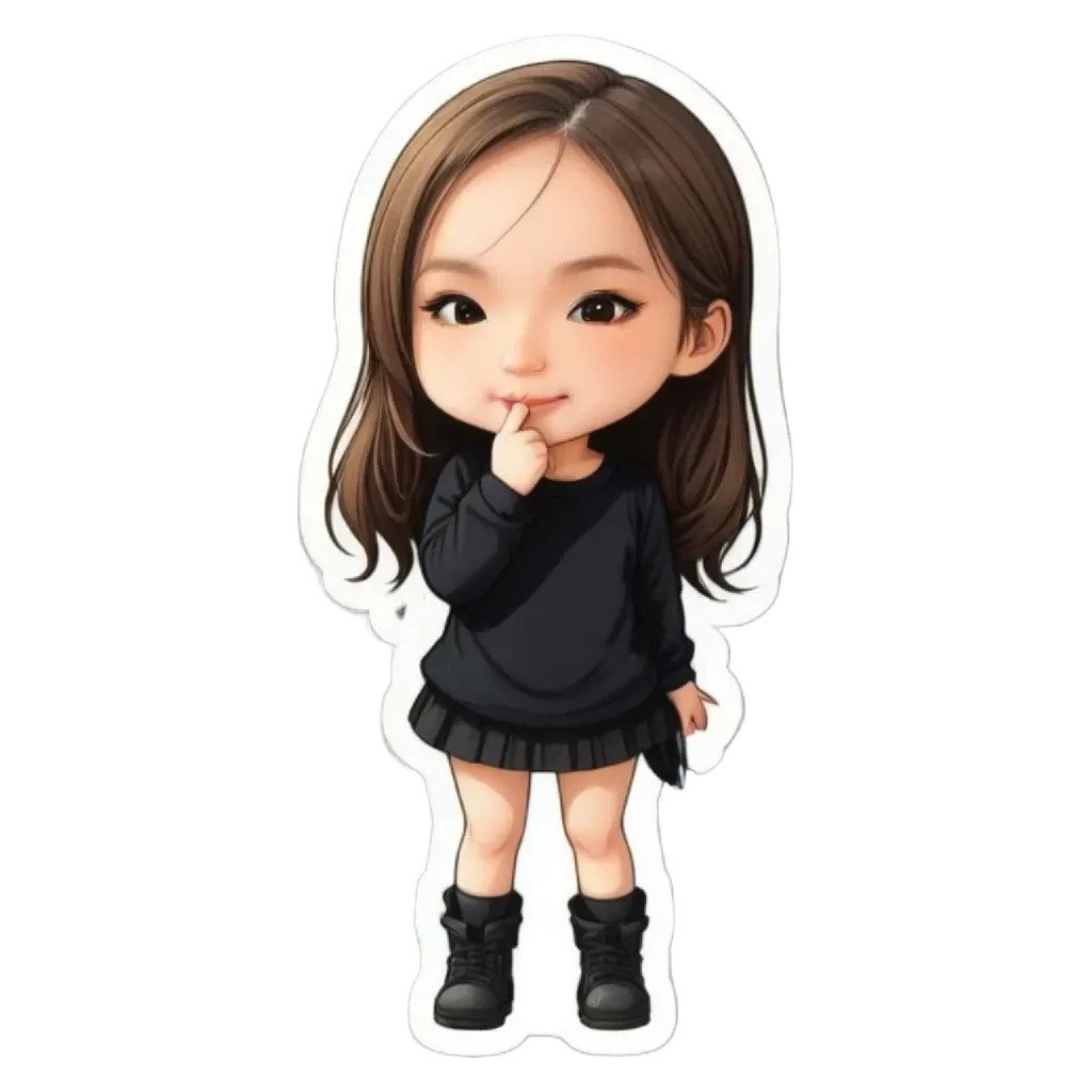 A girl sticker in black dress on white background.