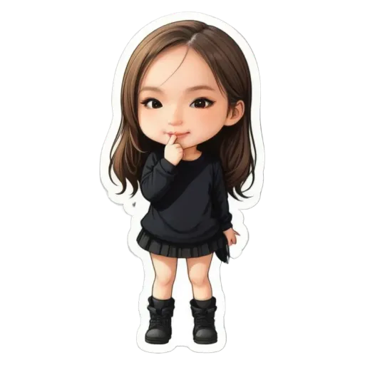 A girl sticker in black dress on white background.
