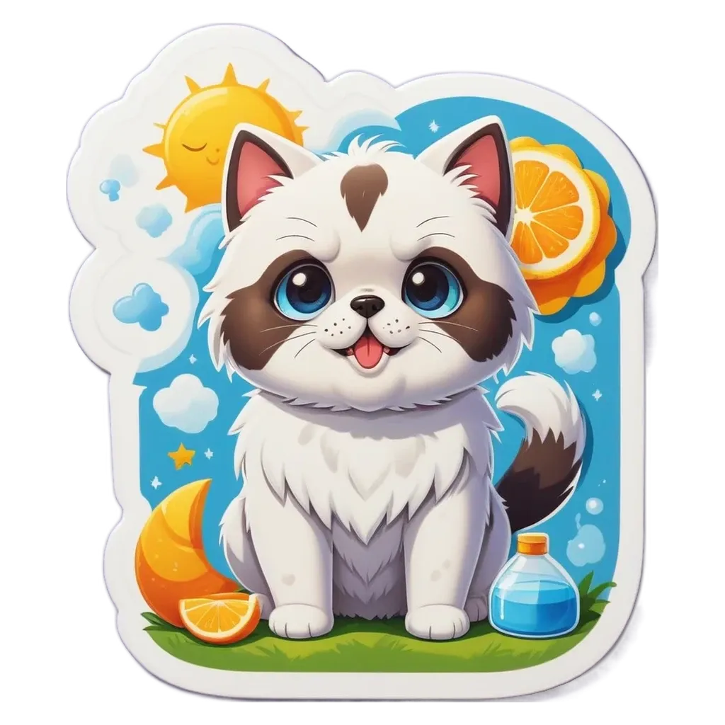 A cat is sitting on a grass covered ground with an orange and a bottle.