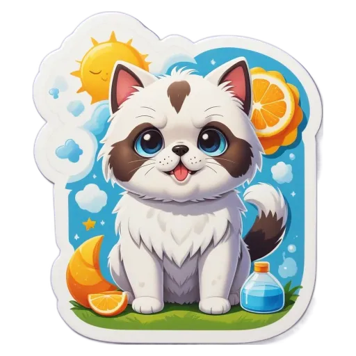 A cat is sitting on a grass covered ground with an orange and a bottle.