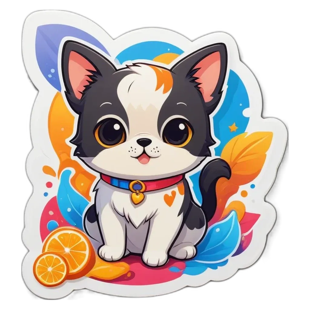 A cat cartoon sticker with a collar and orange slices in the bottom right.