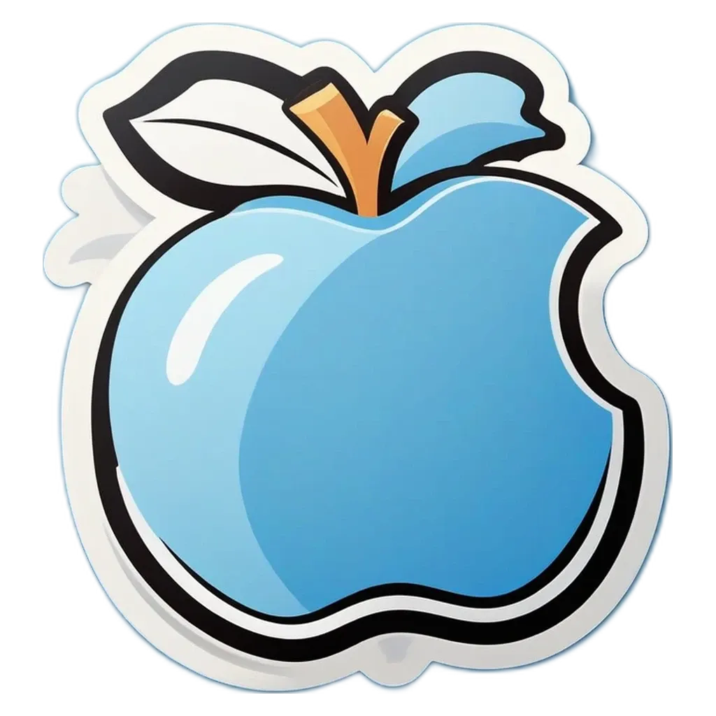 A blue apple with a red stem in the center of the sticker.