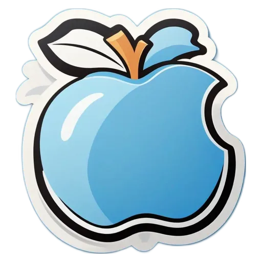 A blue apple with a red stem in the center of the sticker.