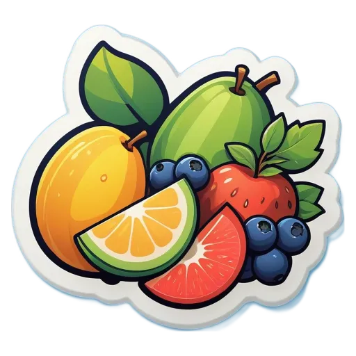A colorful sticker of various fruits.