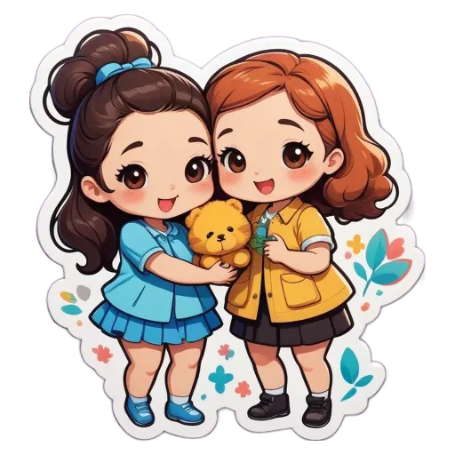 Two girls hugging a teddy bear.