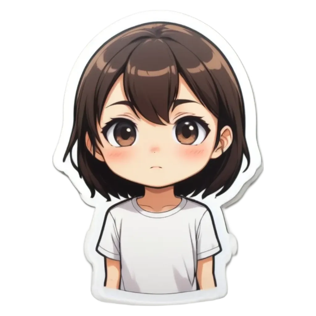 A girl with a white shirt looking down with her eyes wide.