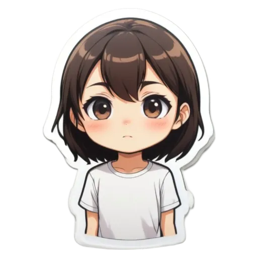 A girl with a white shirt looking down with her eyes wide.