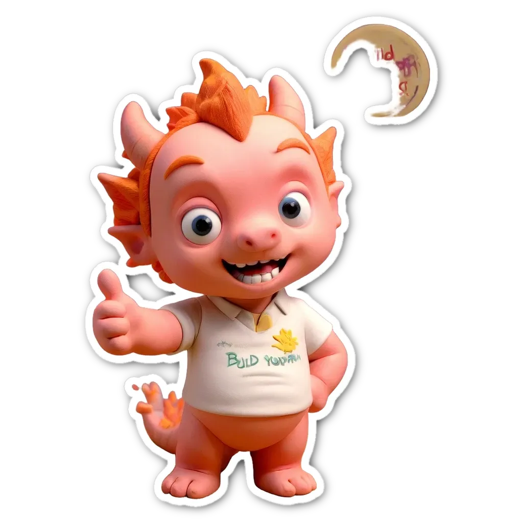 A boy dragon giving a thumbs up is wearing a white shirt that says "built yummy".