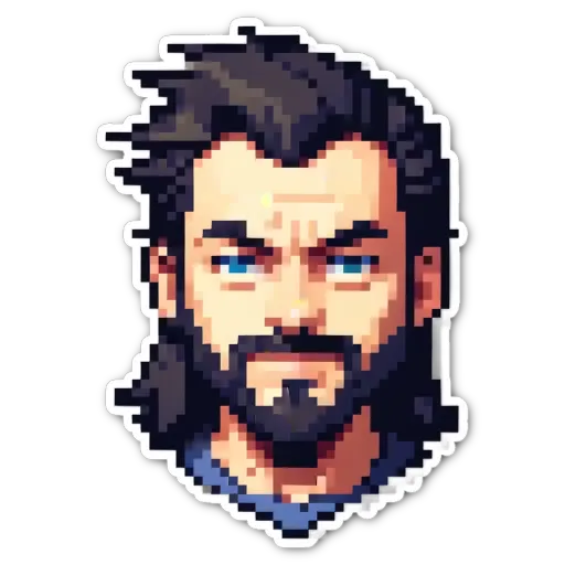 A sticker of a man's face has a large beard and is in black, white and blue colors.