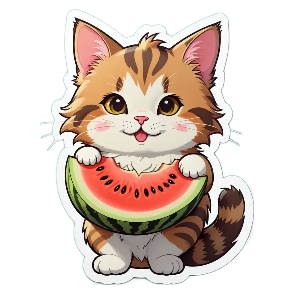A cat eating a watermelon is shown on a black background.