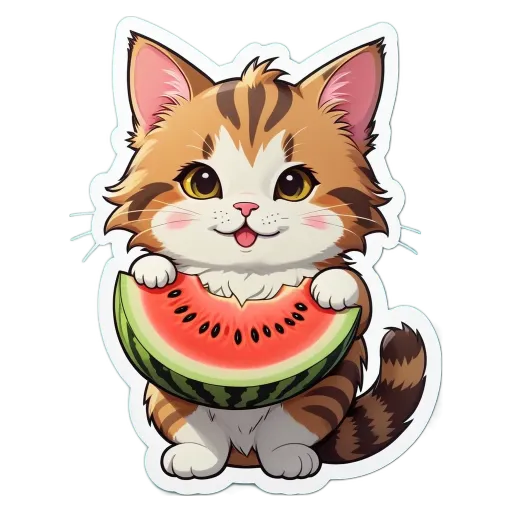 A cat eating a watermelon is shown on a black background.