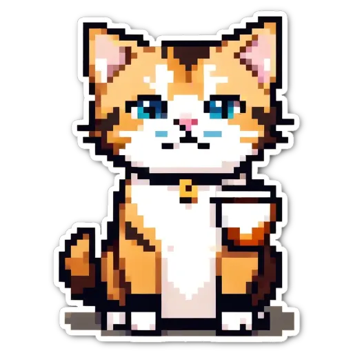 An orange and white cat with a collar and a cupcake sticker on the bottom.