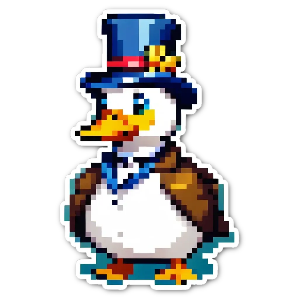 A penguin is wearing a top hat and coat, and has a blue flower in his hair.