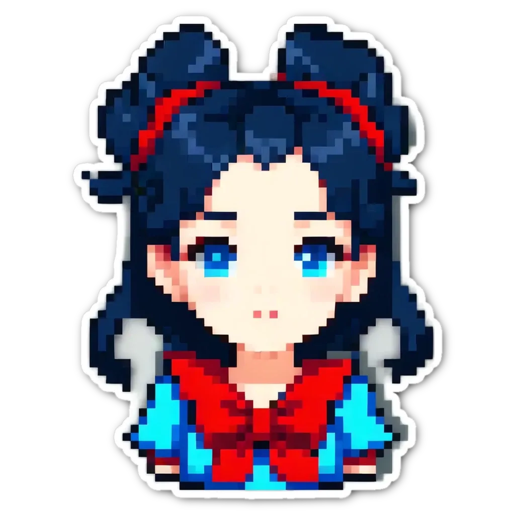 A girl's face is shown with her hair in a red bow.
