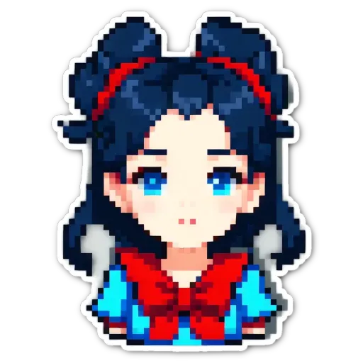 A girl's face is shown with her hair in a red bow.