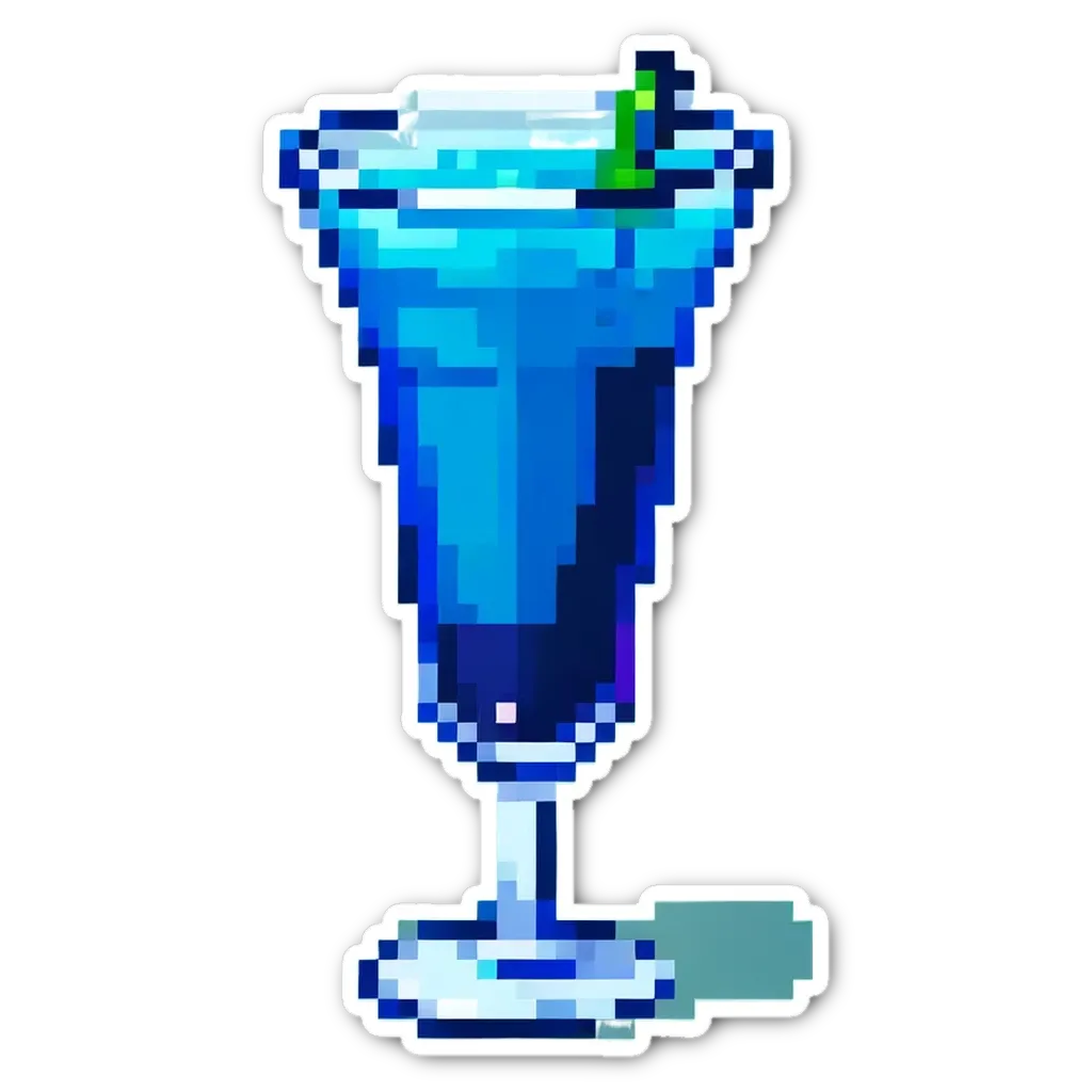 A blue pixelart drink in a glass with a lime wedge in it.