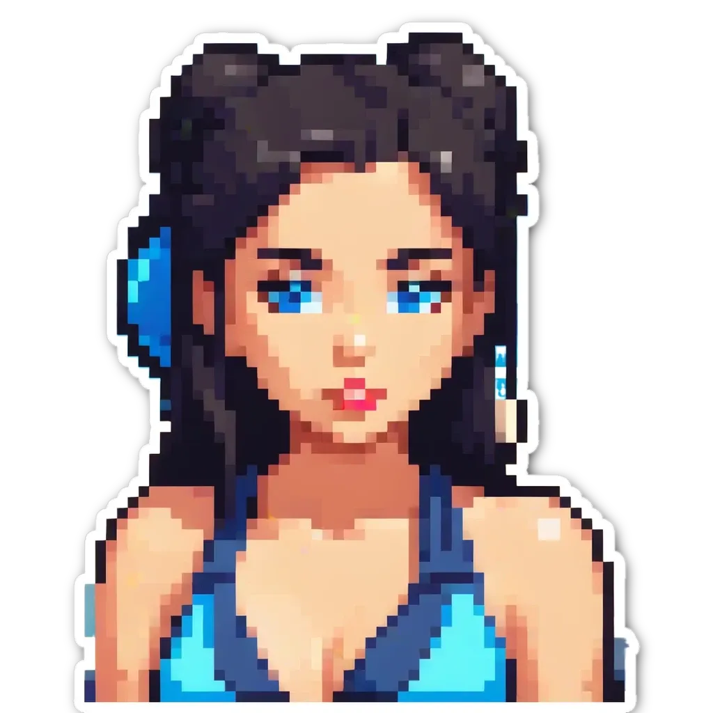 A girl in blue and black with blue eyes.