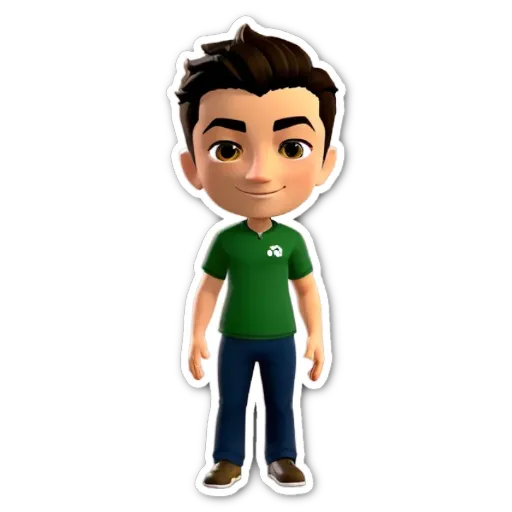 A green colored boy wearing a blue shirt with a logo on it.