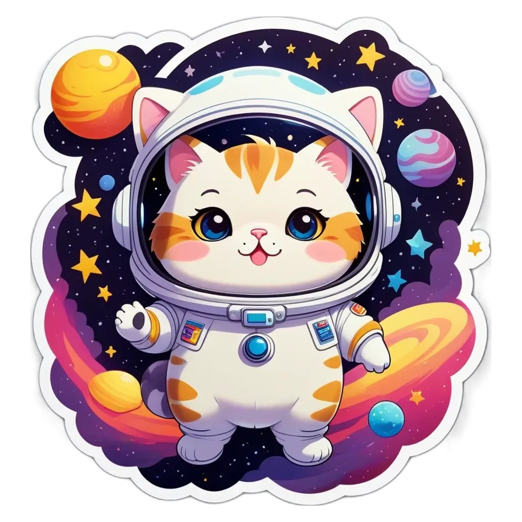 A cat in space wearing a helmet and waving at the camera.