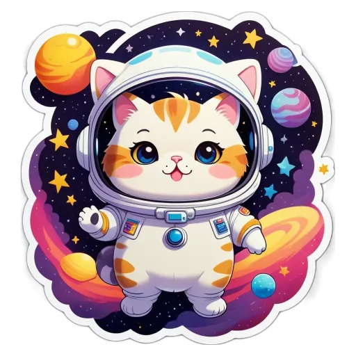 A cat in space wearing a helmet and waving at the camera.