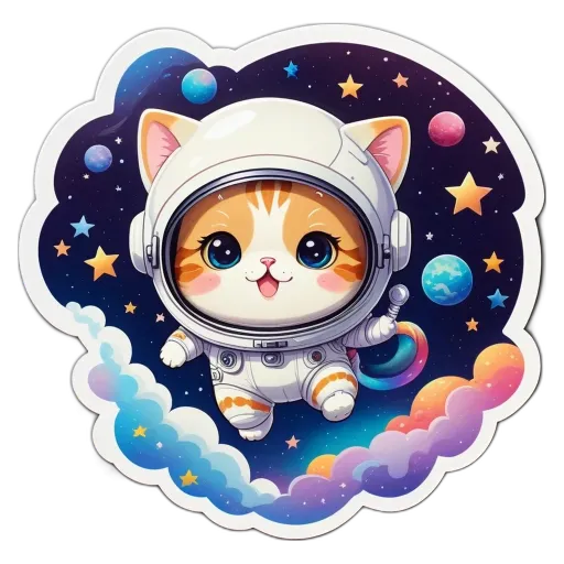 A cat in space that is wearing a helmet and holding a paddle.