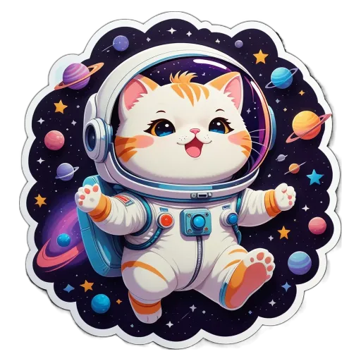 A cat in space that is wearing a helmet and listening to music.