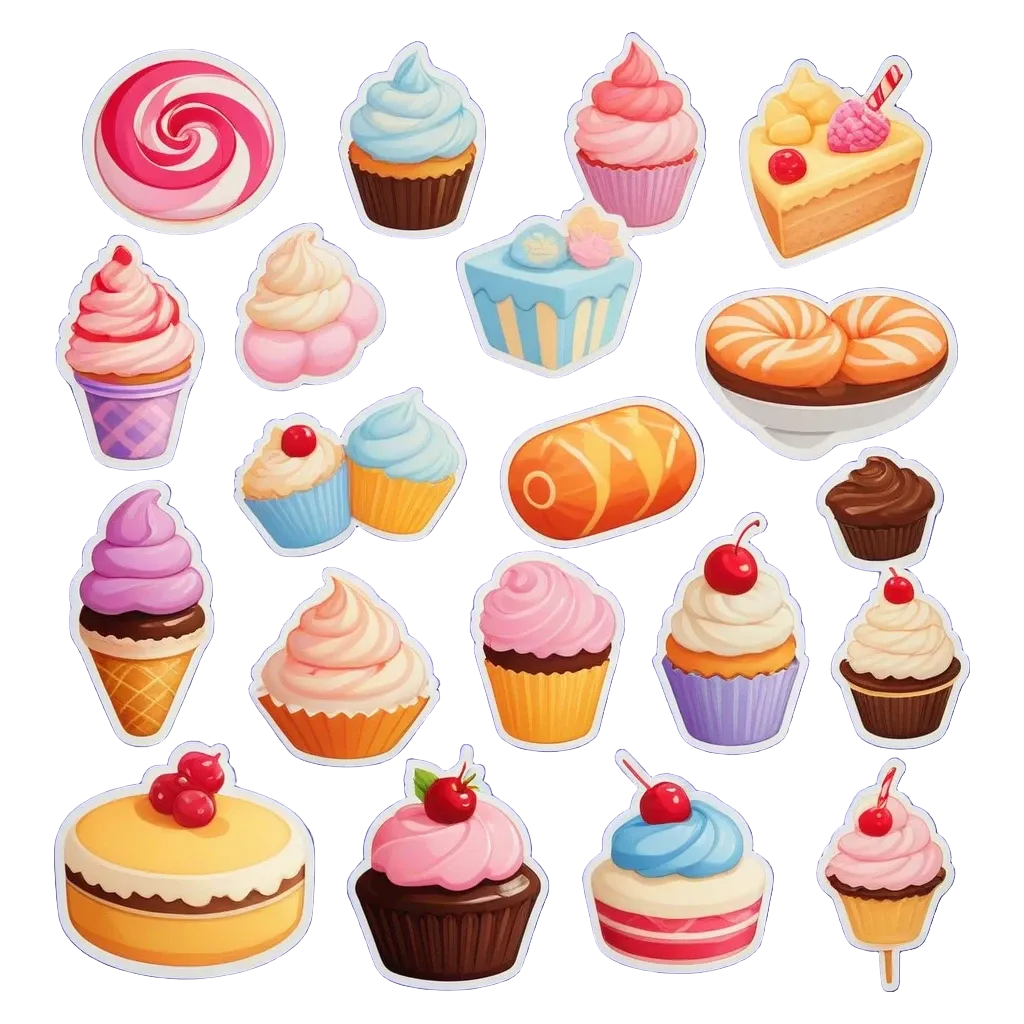 A collection of various cakes and desserts including ice cream and cupcakes.