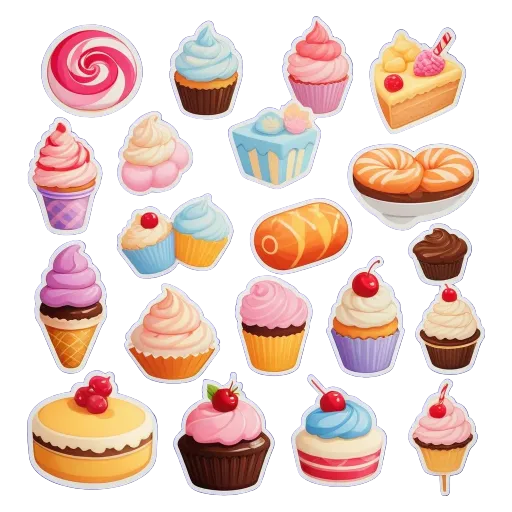 A collection of various cakes and desserts including ice cream and cupcakes.