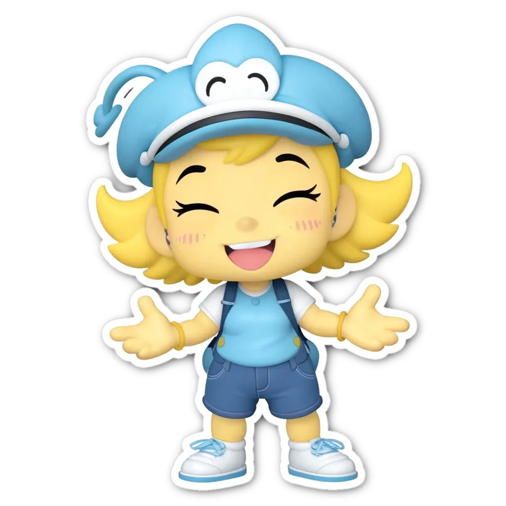 A girl is shown with a blue hat and white shirt.