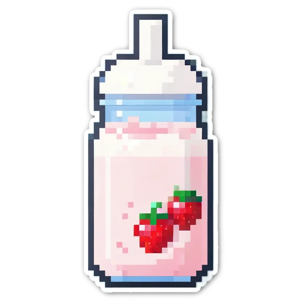 An empty strawberry milk bottle with a strawberry in it.