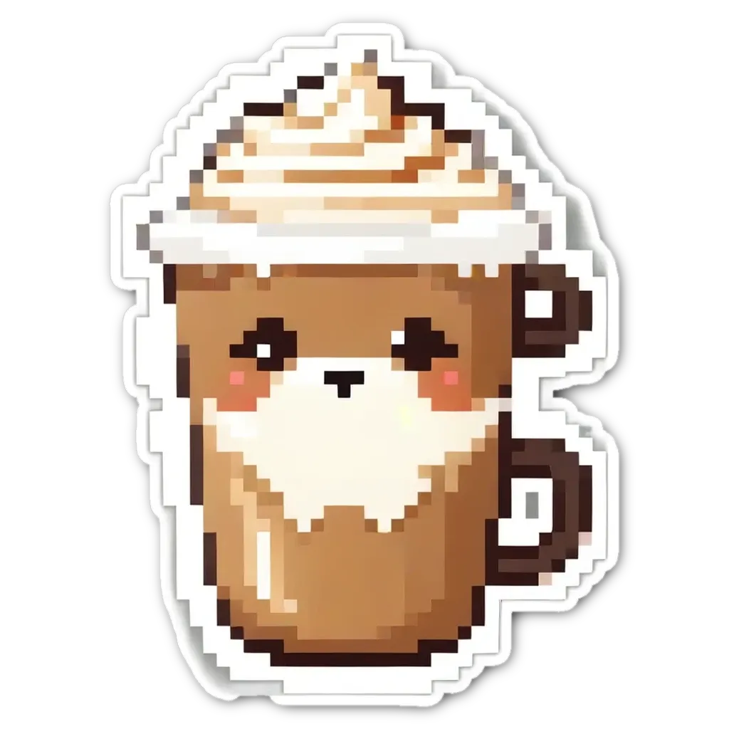 A digital art of a cup of coffee with whipped cream and a cute animal face.