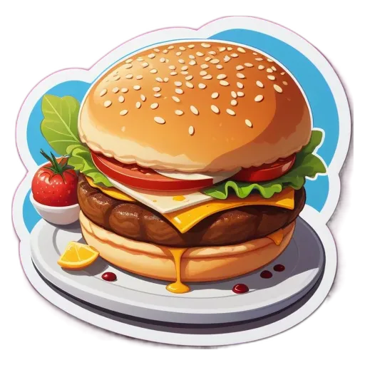 A sticker of a hamburger with fries and tomatoes.