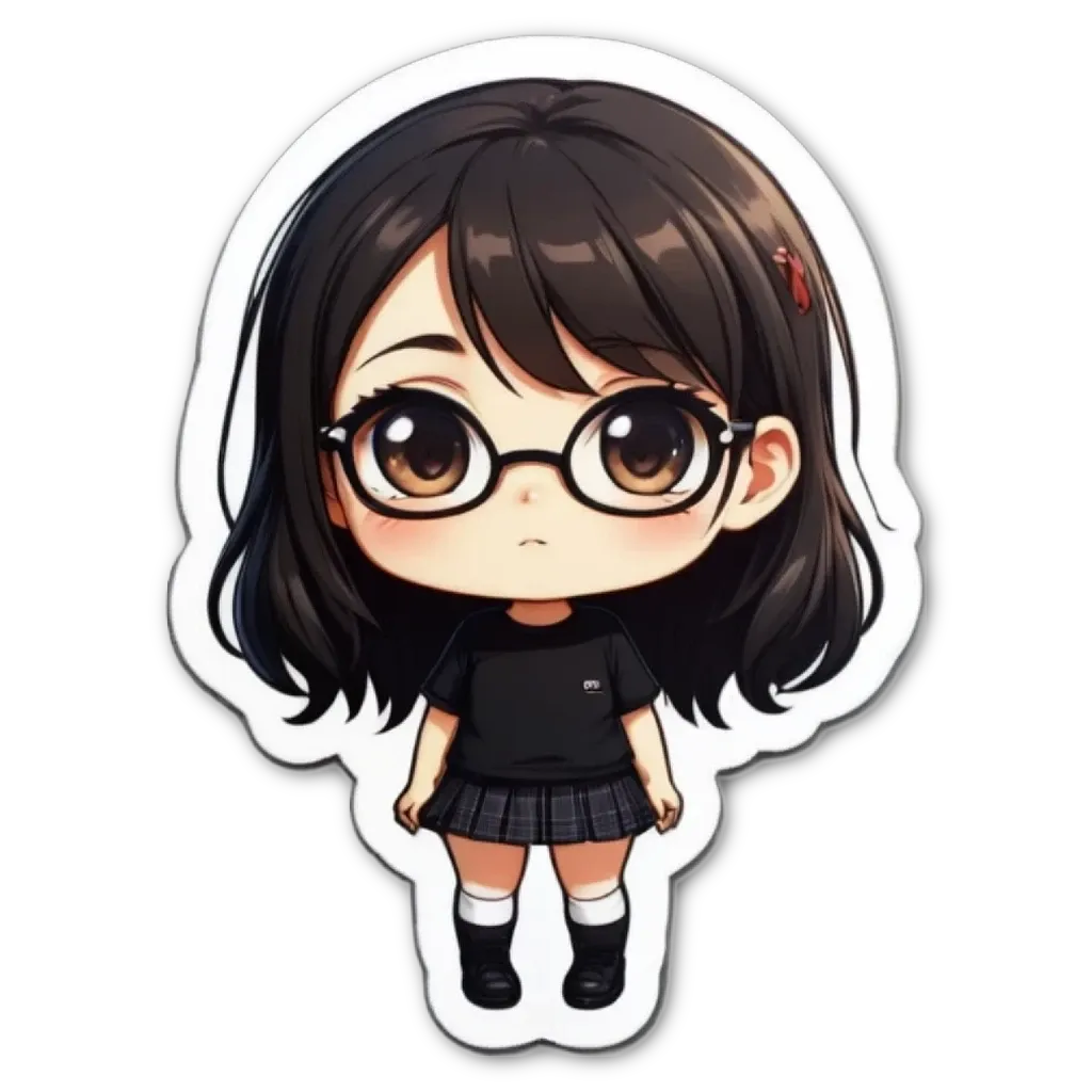 A girl wearing glasses and a black shirt with a white skirt on.