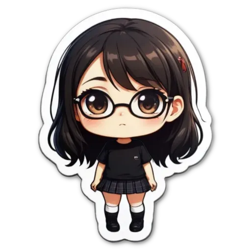 A girl wearing glasses and a black shirt with a white skirt on.