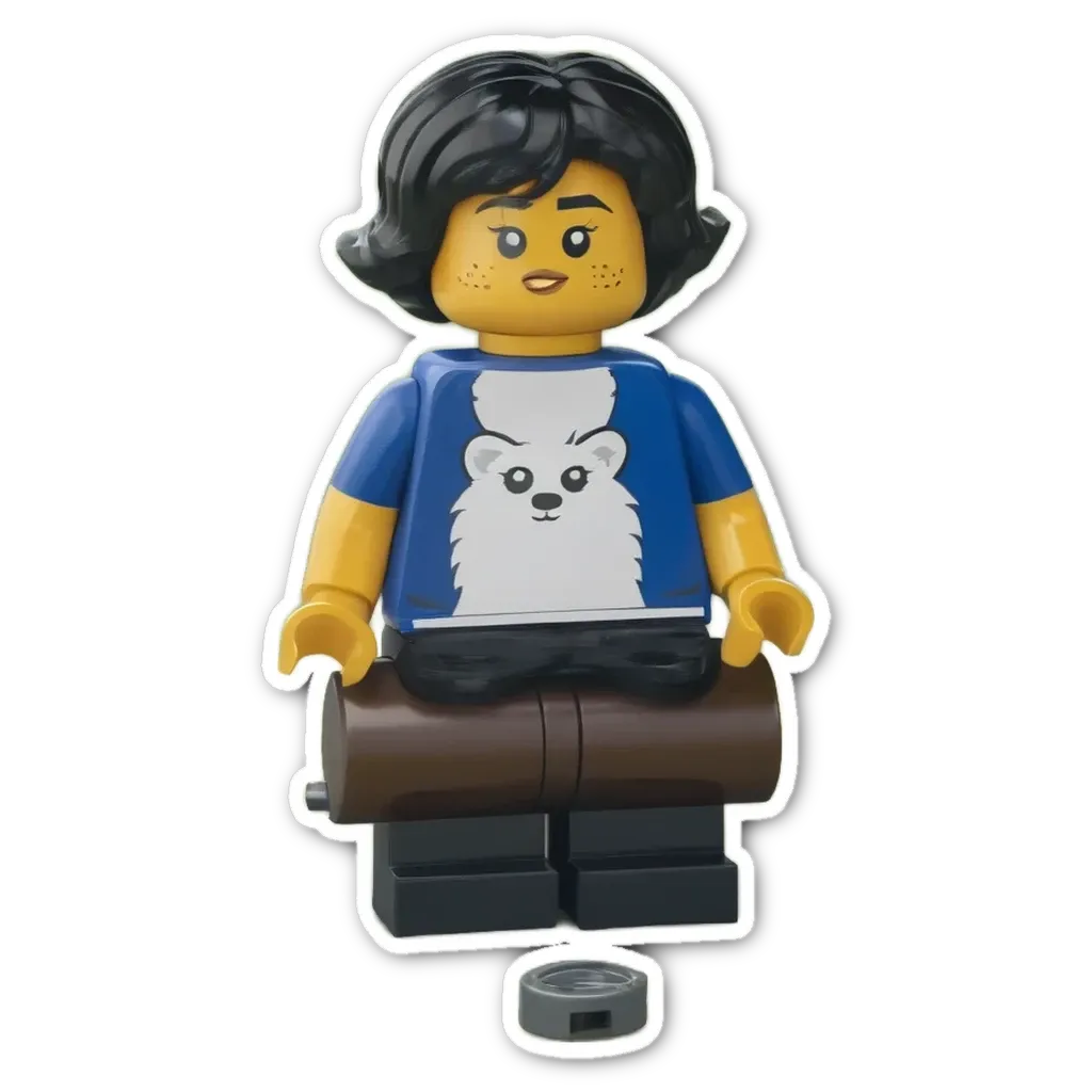 A blue lego person with a brown belt and a black dog on the shirt.