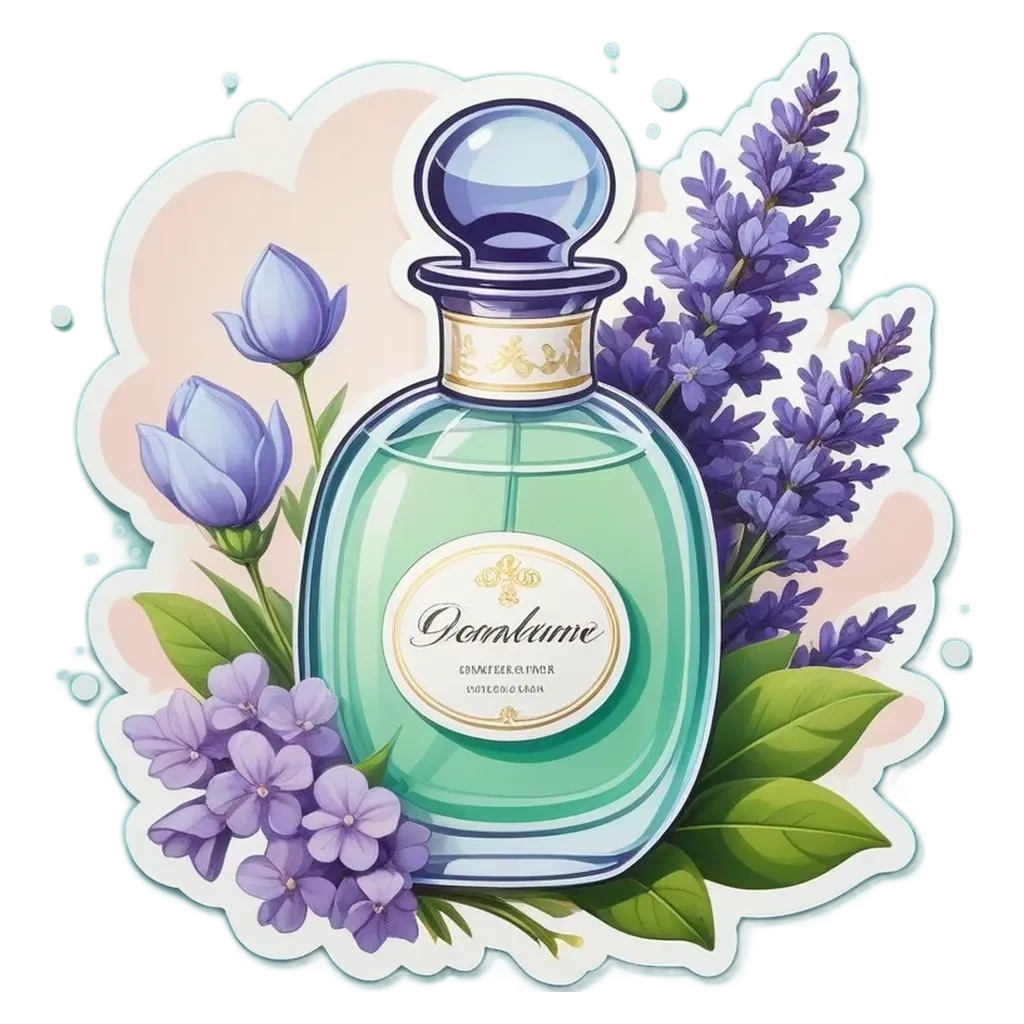 Drawing of a perfume bottle with flowers and leaves.