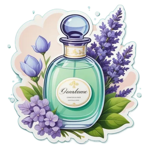 Drawing of a perfume bottle with flowers and leaves.